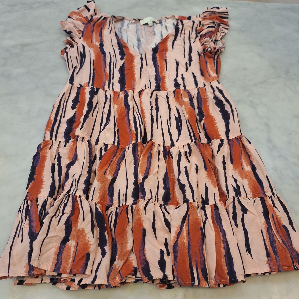 Pinch Tiered Babydoll Dress Sz Lg Orange Abstract Ruffle Boho Mini Tiger Stripe